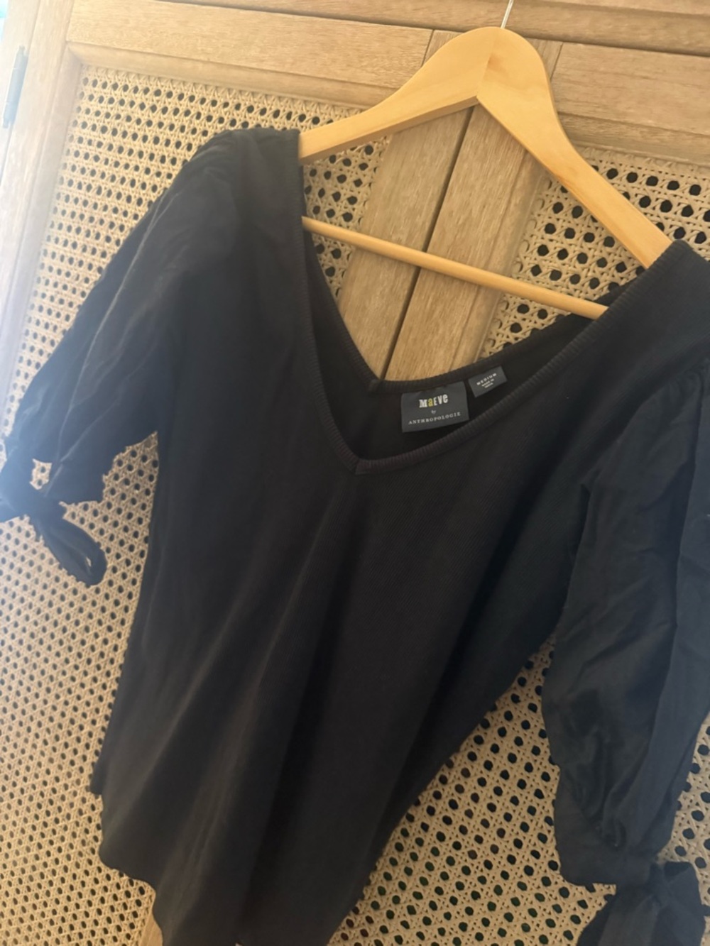 Anthropologie Black V-Neck Puff Sleeve Blouse